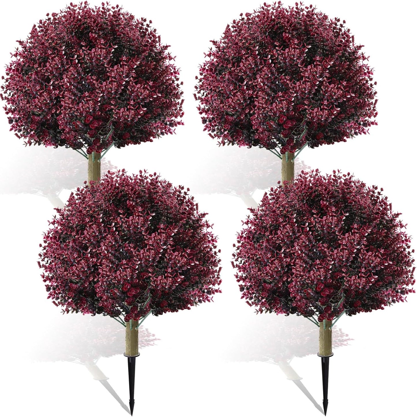 Yunlly 4 Pcs 18 Inch Artificial Boxwood Ball Topiary Tree Fake Outdoor Plants Bush, UV Resistance Faux Shrub with Spike Realistic Greenery Potted for Indoor Garden Yard Porch Patio Decor (Dark Purple)