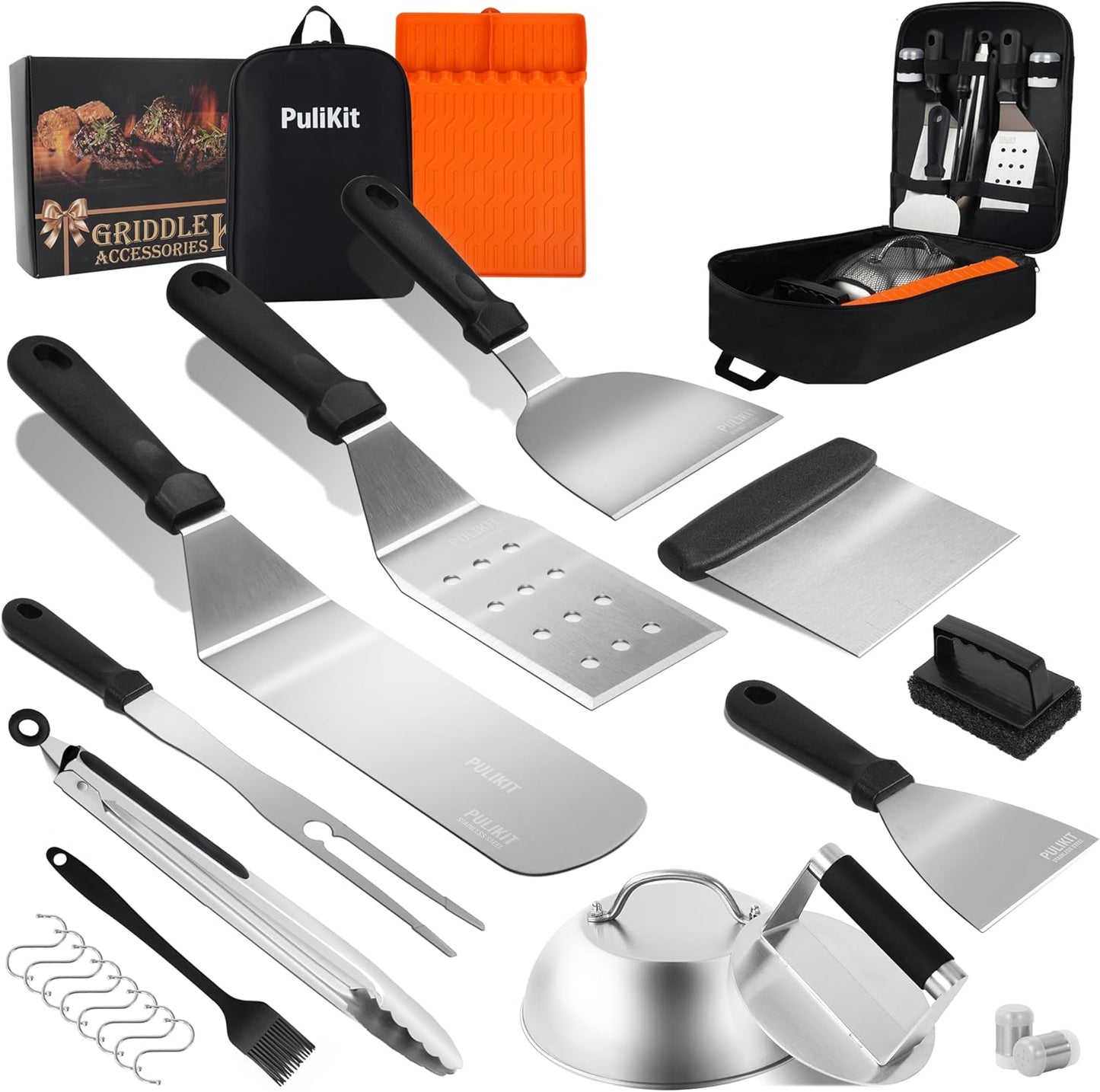 Griddle Accessories Kit for Blackstone – 14 PCS Flat Top Grill Tools Set with Stainless Steel Spatulas, Scraper & Bottles, Carry Bag Included – Outdoor BBQ Gift for Men