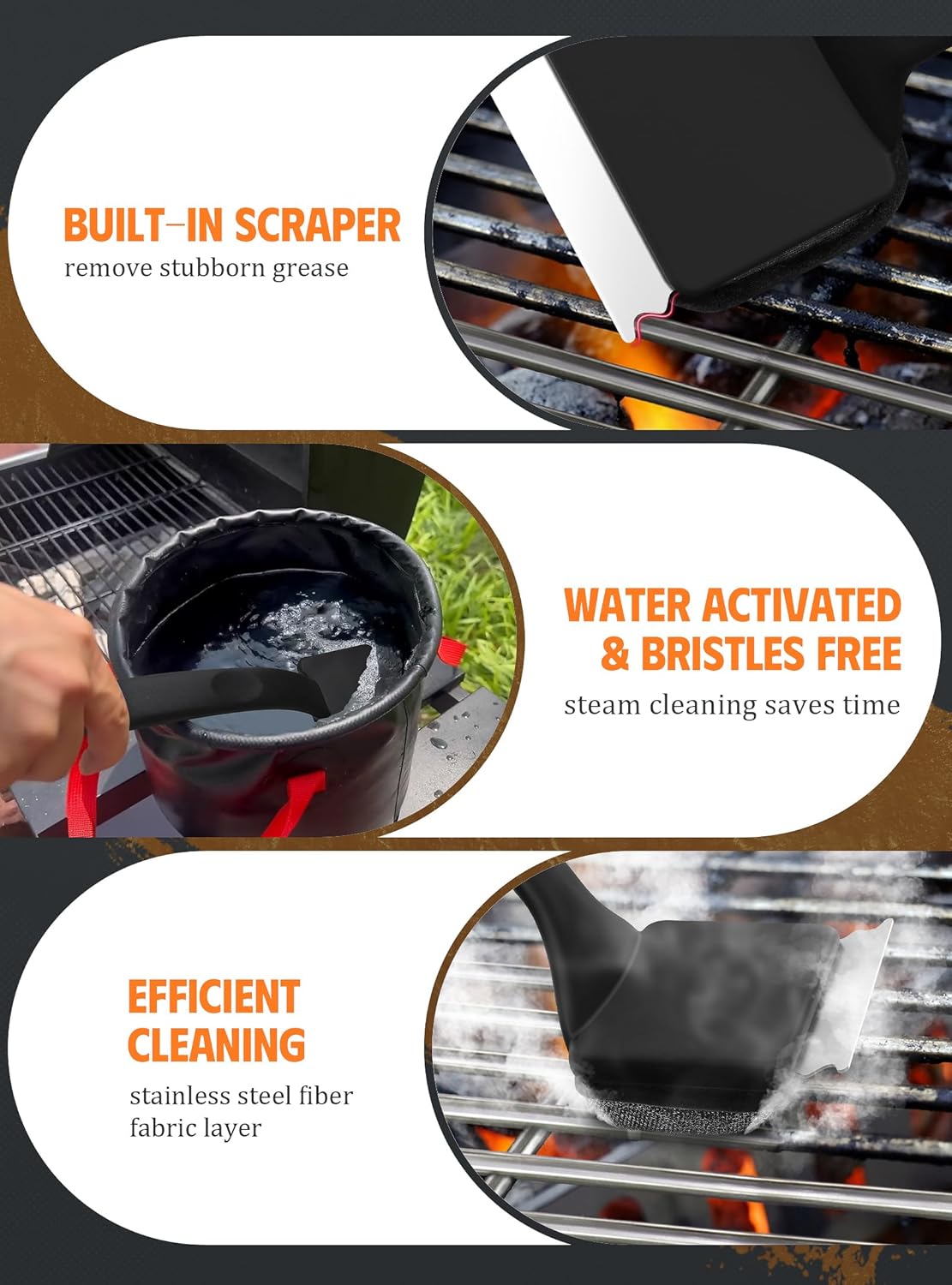 MEKER Grill Brush Bristle Free, Grill Cleaner Brush with 5 BBQ Replacement Head for Cast Iron, Stainless Steel Grates, Safe Grill Scraper Outdoor BBQ Grill, Black