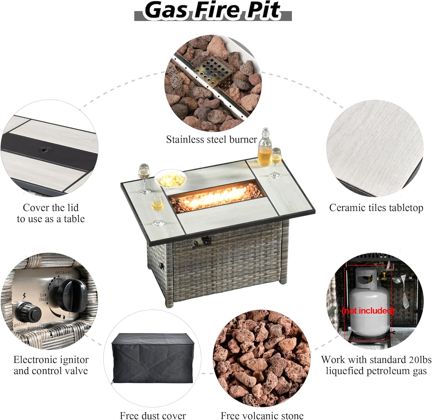 HOOOWOOO 13 Piece Modular Patio Outdoor Sectional Furniture Set with Gas Propane Fire Pit Table,Wicker Conversation Sofa Set,Out Door Couch Set with Wide Arm Outside(Grey Stripes)