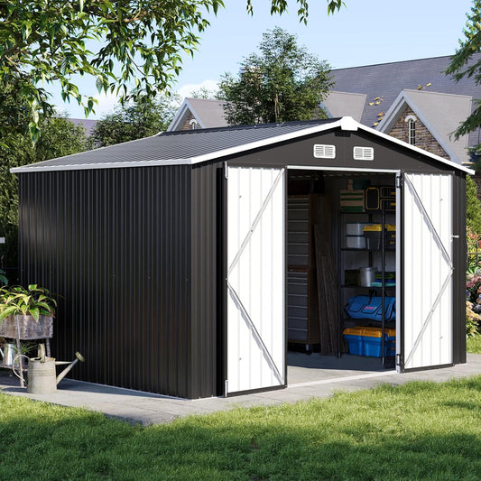 Aoxun 9.4x7.3x6.5 FT Outdoor Storage Shed, Garbage Can, Outdoor Metal Shed for Tool, Garden, Bike, Placed in Patio, Garden (Black)