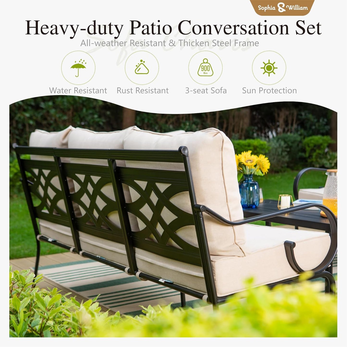 Sophia & William 5 Piece Patio Furniture Set Outdoor Couch Sofa, Sectional Conversation Sets 7 Seat with 3-seat Sofa x 1, Loveseat x 1, Rocking Chair x 2, Metal Coffee Table x 1 for Porch Lawn, Beige