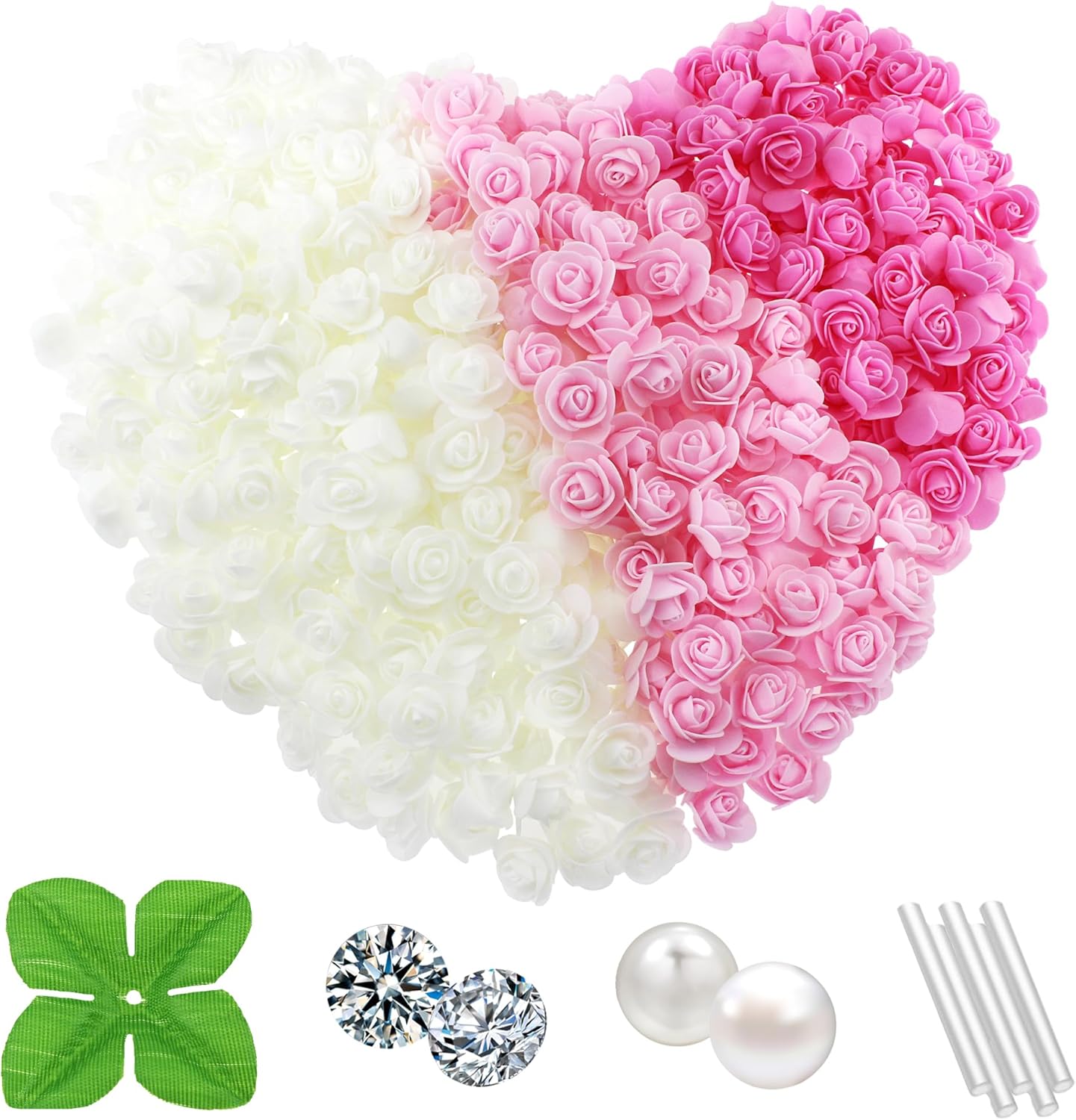 500 Pcs 1.4 Inch Mini Artificial Flowers Head Bulk 5 in 1 Set Faux Foam Fake Small Rose Tiny Baby Flores Bouquet Cake Gift Home Decoration DIY Craft (Pink, Light Pink, White Mixed)