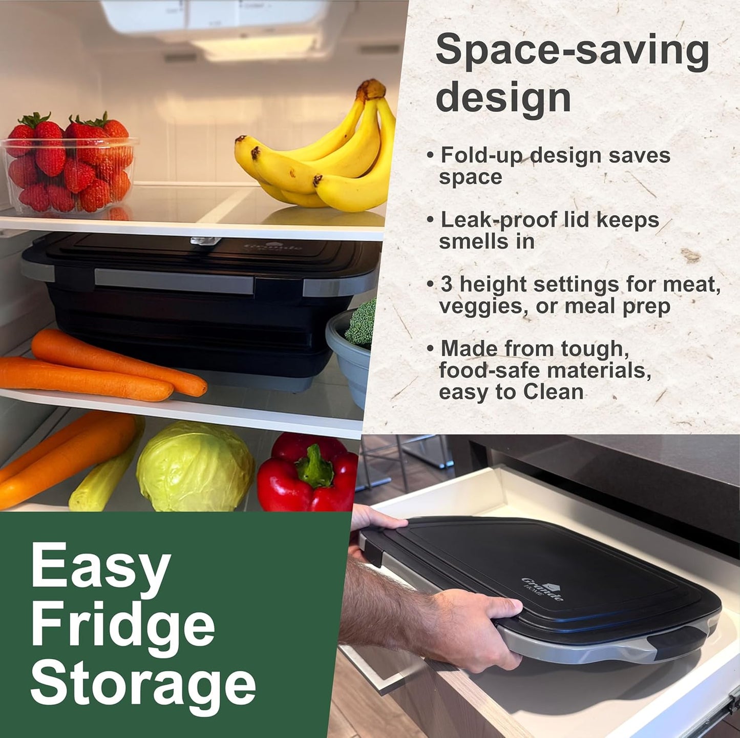 BBQ Prep Tub Collapsible X-Large with Cutting Board, Locking Lid – Meal Prep Food Prep Containers with Lids for Resting Meat –3 Adjustable Height - Ideal for Camping, Picnic, Dish Basin