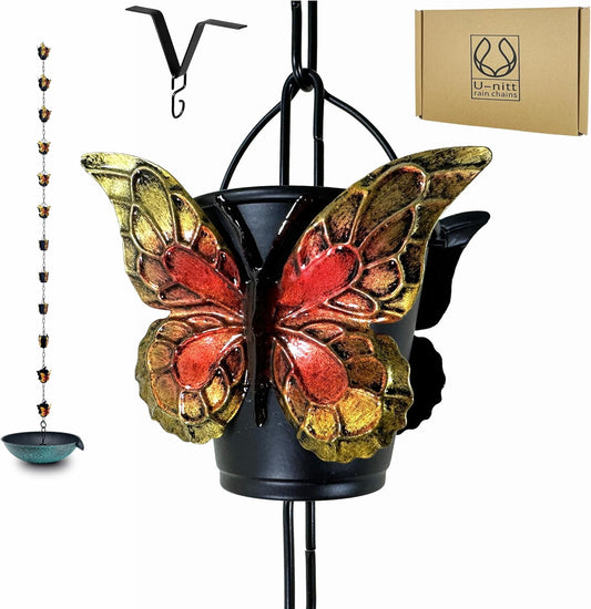 Rain Chain Water Collection for Gutters, Rainwater Catcher & Diverter, 8.5 FT Chains for Outside Garden, Butterfly Bucket Cups, Roof Downspout, Works with Heavy Rain, w/ Gutter Clip for Rainchains