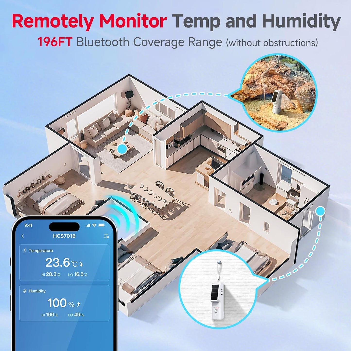 Solar Bluetooth Temperature & Humidity Monitor, Wireless Thermometer with Date Storage, Real-Time Alerts, 262 Feet Connecting Range, Apply for Room Greenhouse, Pet Cages, 1pack