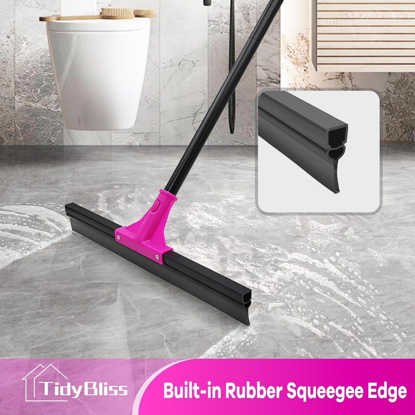 Floor Squeegee Heavy Duty with 58.3 inches Long Handle, Rubber Foam Water Scraper Broom Epoxy Wiper Mop for Cleaning Concrete Pool Rug Garage Deck Shower Window Outdoor Indoor