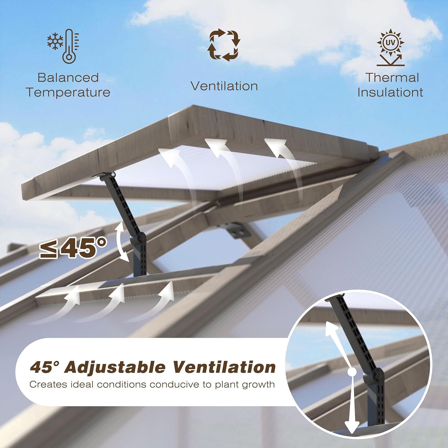 8x8 FT Greenhouse Kit for Outdoor, 6MM Thick Polycarbonate Panel Wooden Walk-in Green House with Lockable Door and Adjustable Roof Vent, Backyard Garden, Light Mocha Brown
