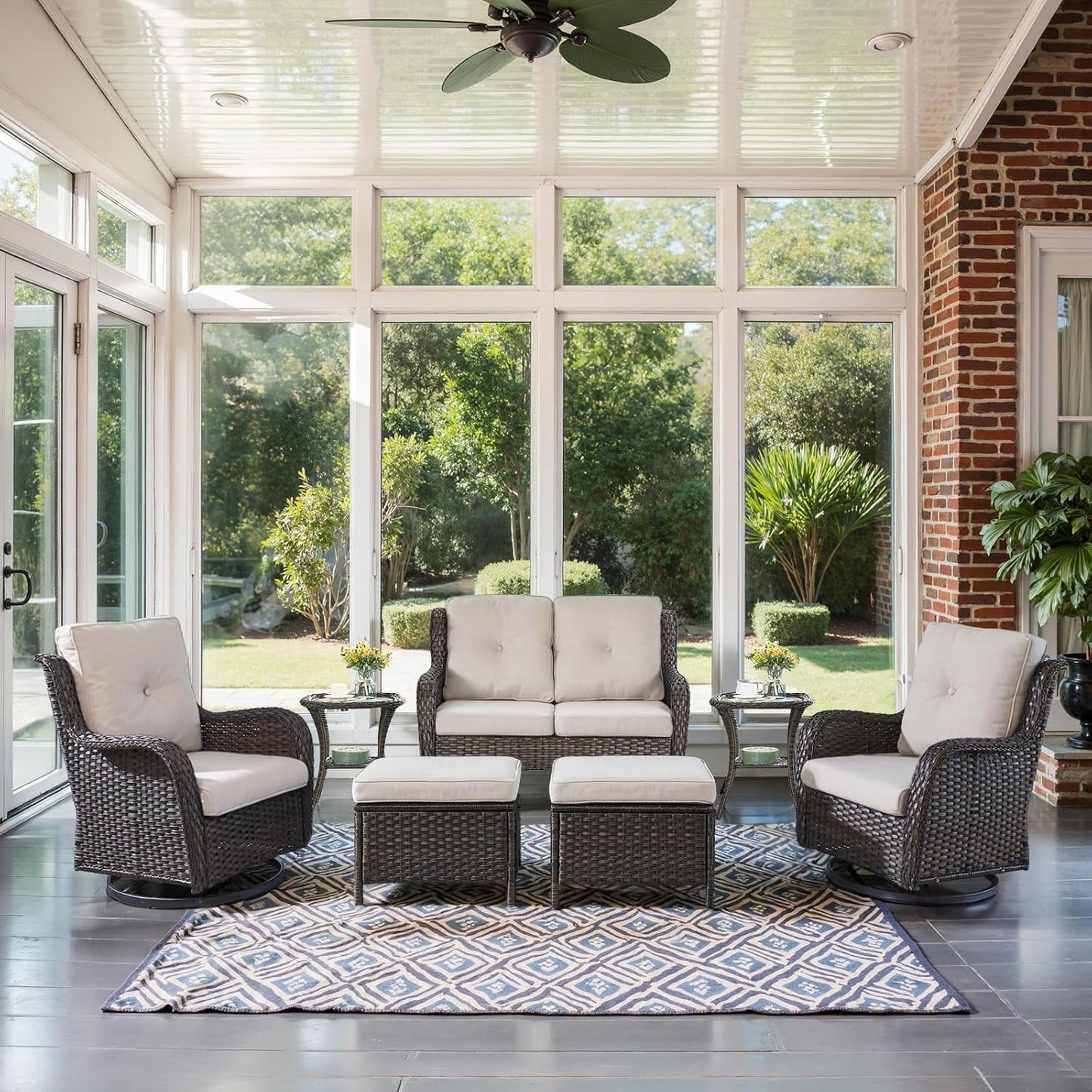 Outdoor Patio Furniture Set - 7 Piece Brown Wicker Conversation Patio Furniture Set All Weather Swivel Chairs with Ottoman and Loveseat Glider Chair for Deck Balcony Backyard