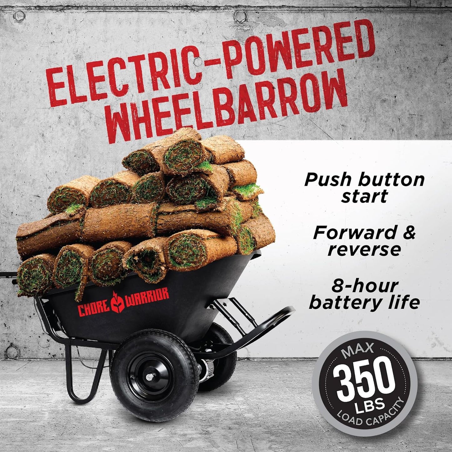 Electric Powered Wheelbarrow 350 LBS Capacity and 6 Cu FT Poly Tray 8 Hour Battery Life
