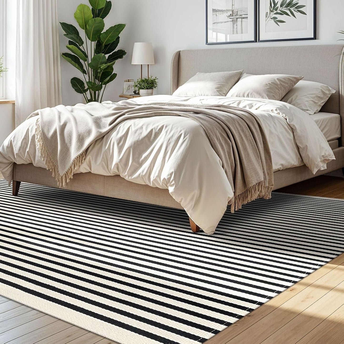 IOHOUZE Black Beige Striped Rug -8'x10' Indoor Outdoor Rug, Washable Area Rug for Living Room, Large Patio Rug, Cotton Striped Rugs for Patio Living Room Bedroom