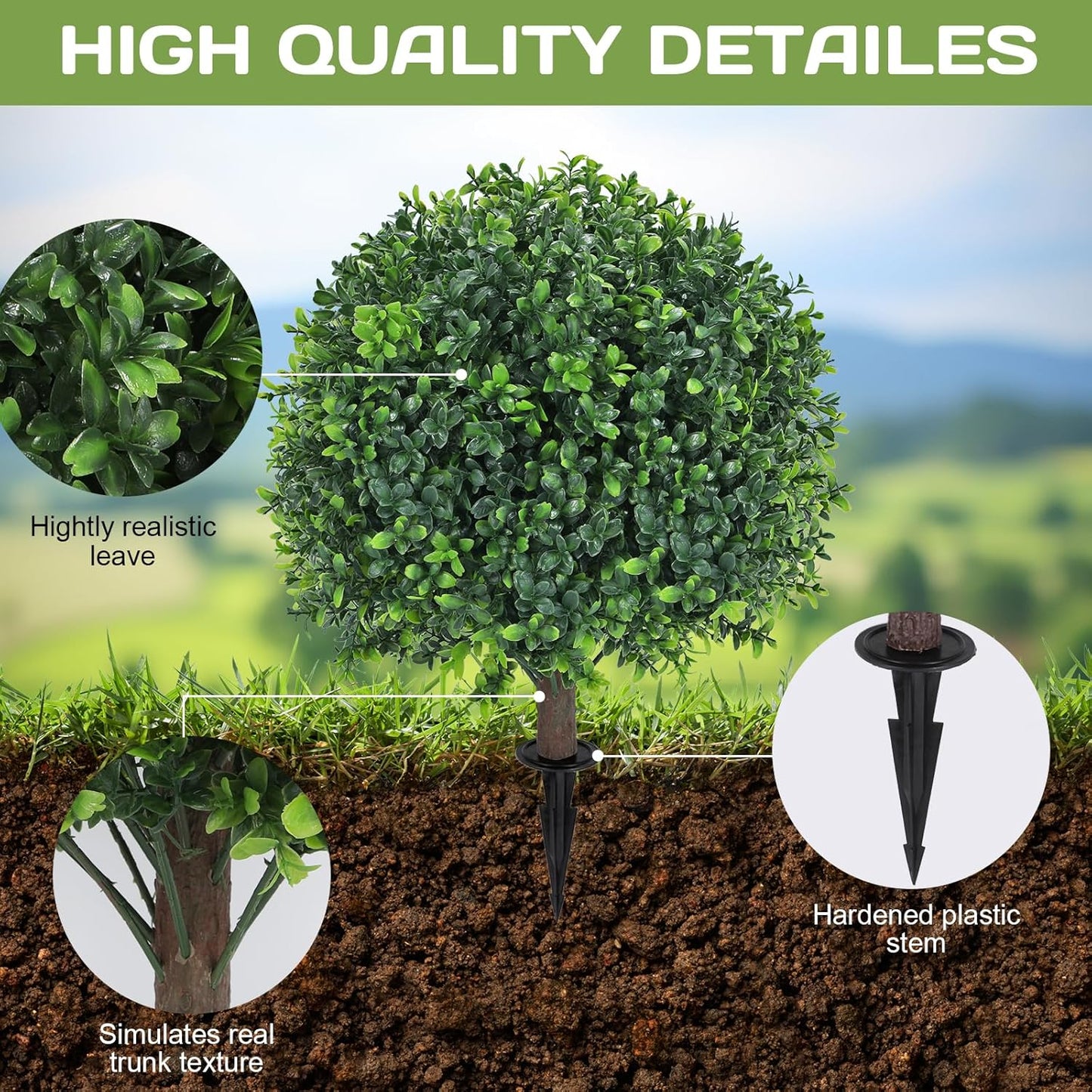 Artificial Boxwood Topiary Ball Tree 24" with Ground Spike, Set of 2 Artificial Boxwood Bushes for Faux Shrubs, Fake Evergreen Faux Plant for Indoor Outdoor Porch Garden- UV Resistant – Fade-Proof