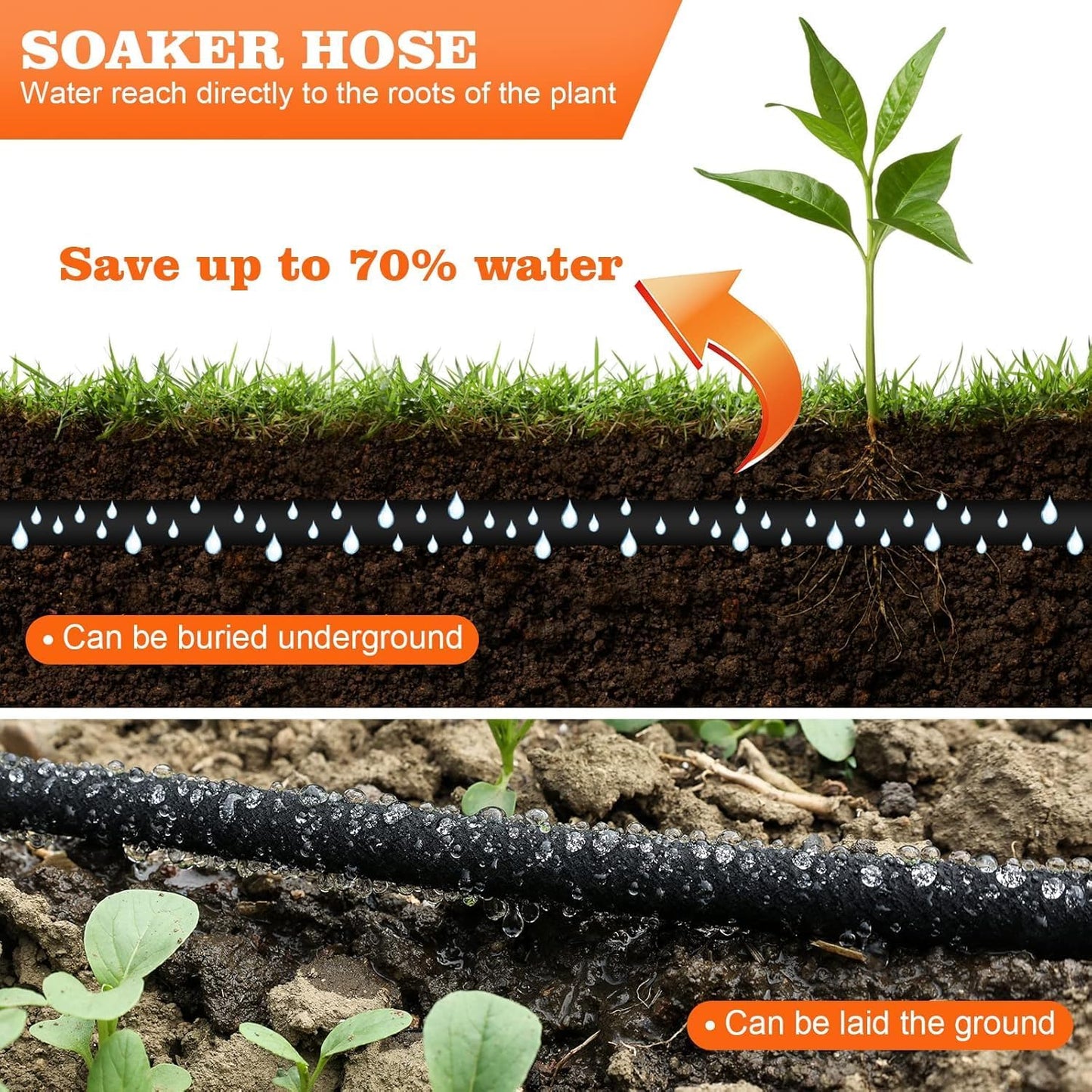 Soaker Hose, 1/2" x 100 FT Round Rubber Garden Soaker Hose, Heavy Duty Water Seeper Soaker Hoses for Foundation Watering, Garden Beds, Garden, Lawn and Plants