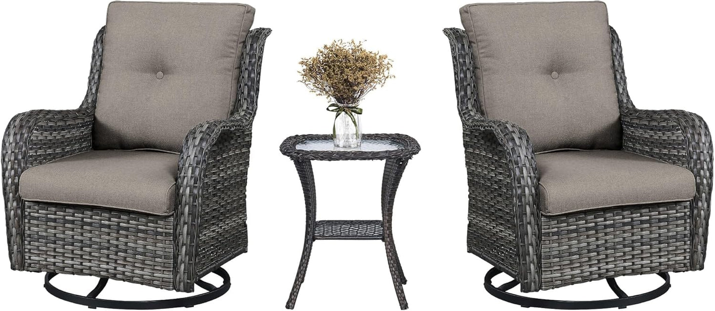 3 PCS Patio Furniture Set - Mixed Grey Wicker Swivel Rocking Chair Set with Side Table
