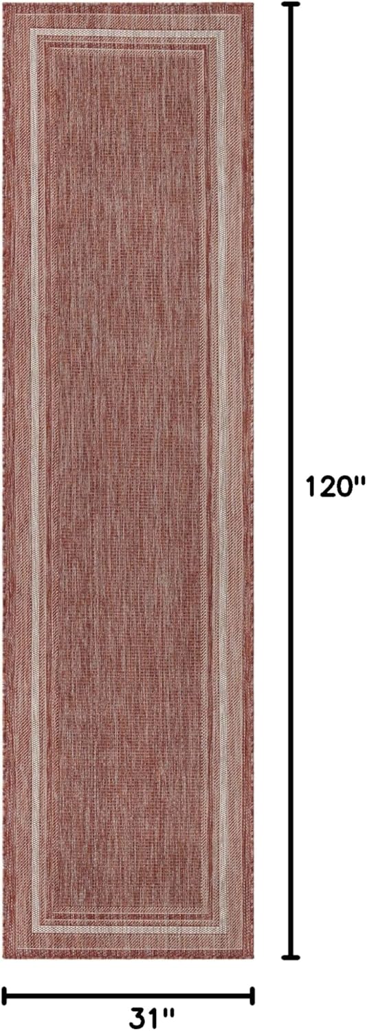 Unique Loom Outdoor Border Collection Area Rug - Soft Border (2' 7" x 10' Runner, Rust Red/ Ivory)