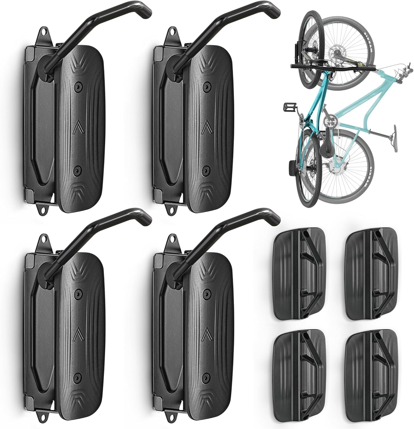 monTEK Swivel Bike Wall Mount, Bike Hangers for Garage, Space-Saving Vertical Bike Rack, Sturdy Bike Storage Rack Holds Up to 66lbs, Easy to Install, 4 Pack