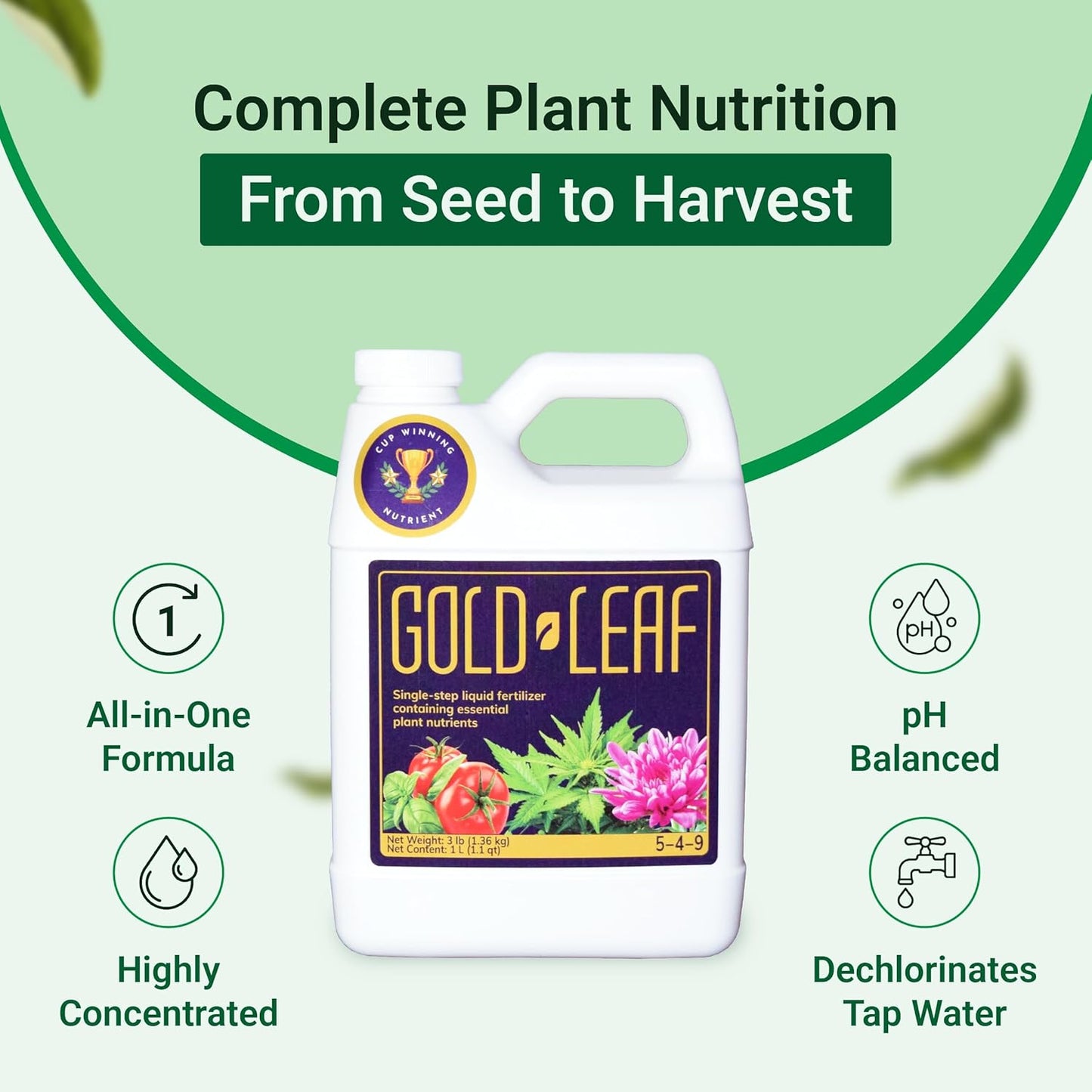 1 Gallon Gold Leaf All-in-One Liquid Fertilizer – pH Balanced, Instantly Dechlorinates, No Additives Needed – for Soil, Hydroponics & Coco – Bigger Blooms, Higher Yields, Complete Plant Nutrition