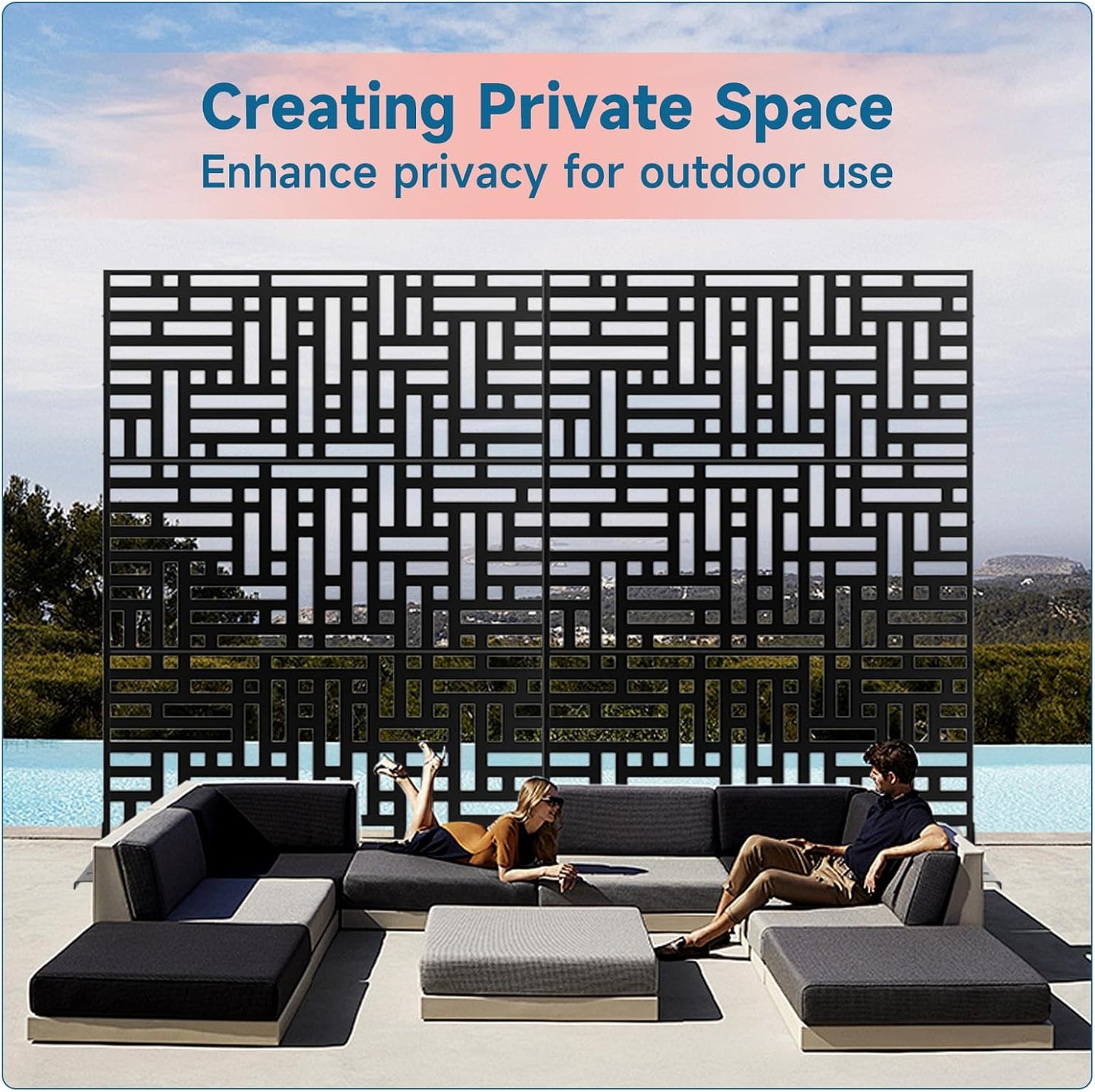 Metal Privacy Screen 72" H x 47.2" Decorative Outdoor Privacy Screen Privacy Panel with Stand for Balcony Deck Patio Lawn Garden, Privacy Fence (Black-Street)