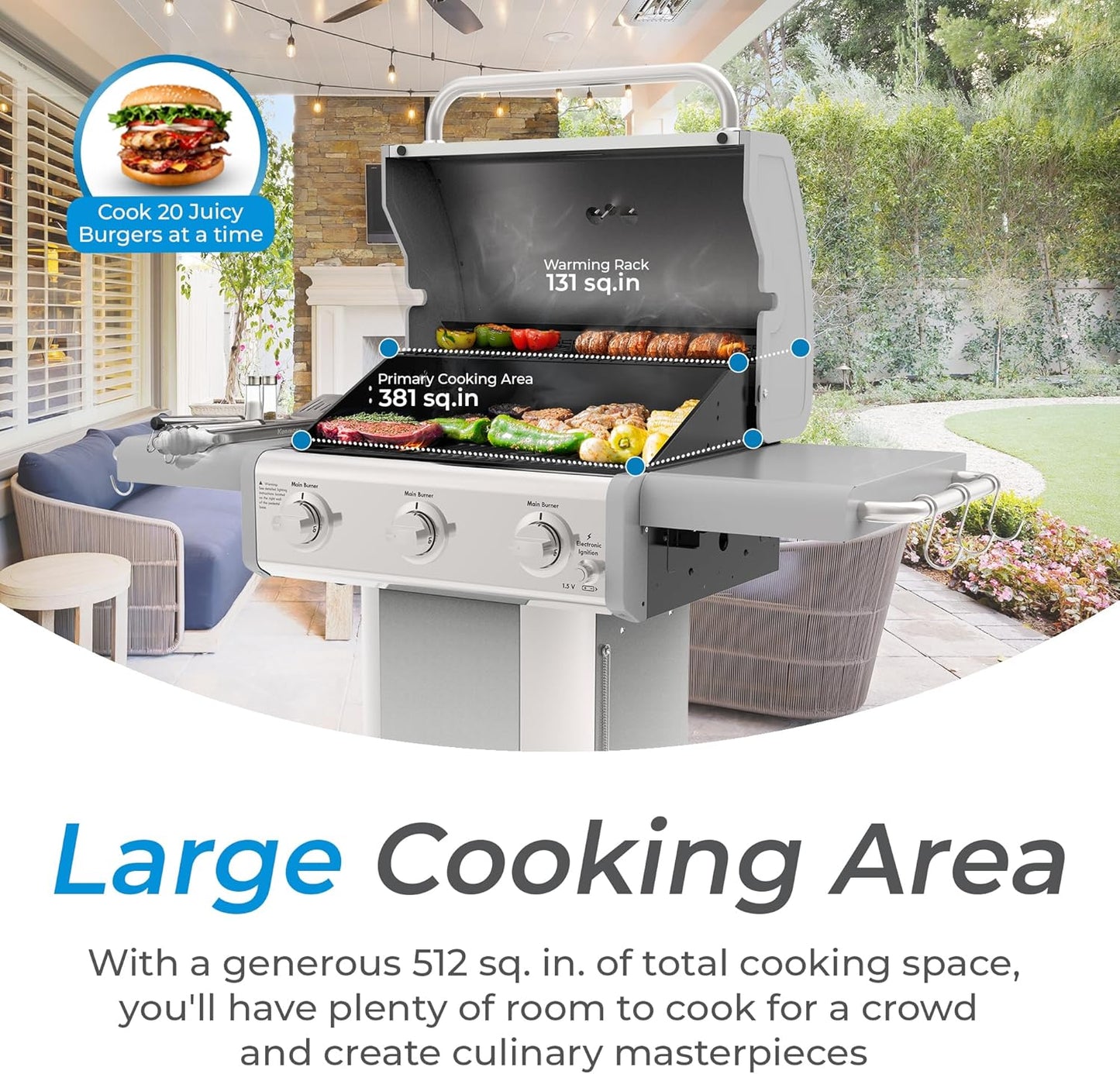 Kenmore 3-Burner Outdoor BBQ Grill | Liquid Propane Barbecue Gas Grill with Folding Sides, PG-A4030400LD-PE, Pedestal Grill with Wheels, 30000 BTU, Pearl White