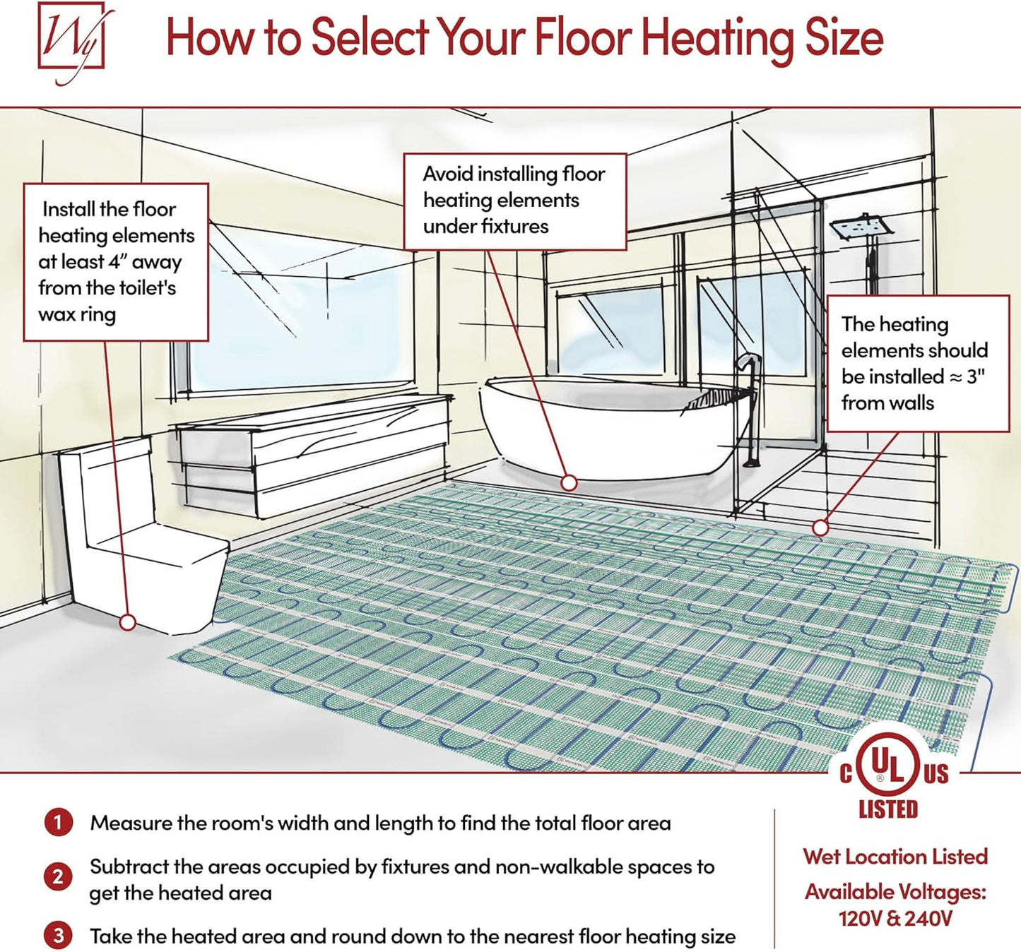 99 Sqft Heated Floor Mat Kit with Radiant Floor Heating System Thermostat UTN5, Two Sensors, Tester, 120V Electric Radiant Floor Heating Mat installs under Bathroom Tile, Vinyl - WarmlyYours TempZone