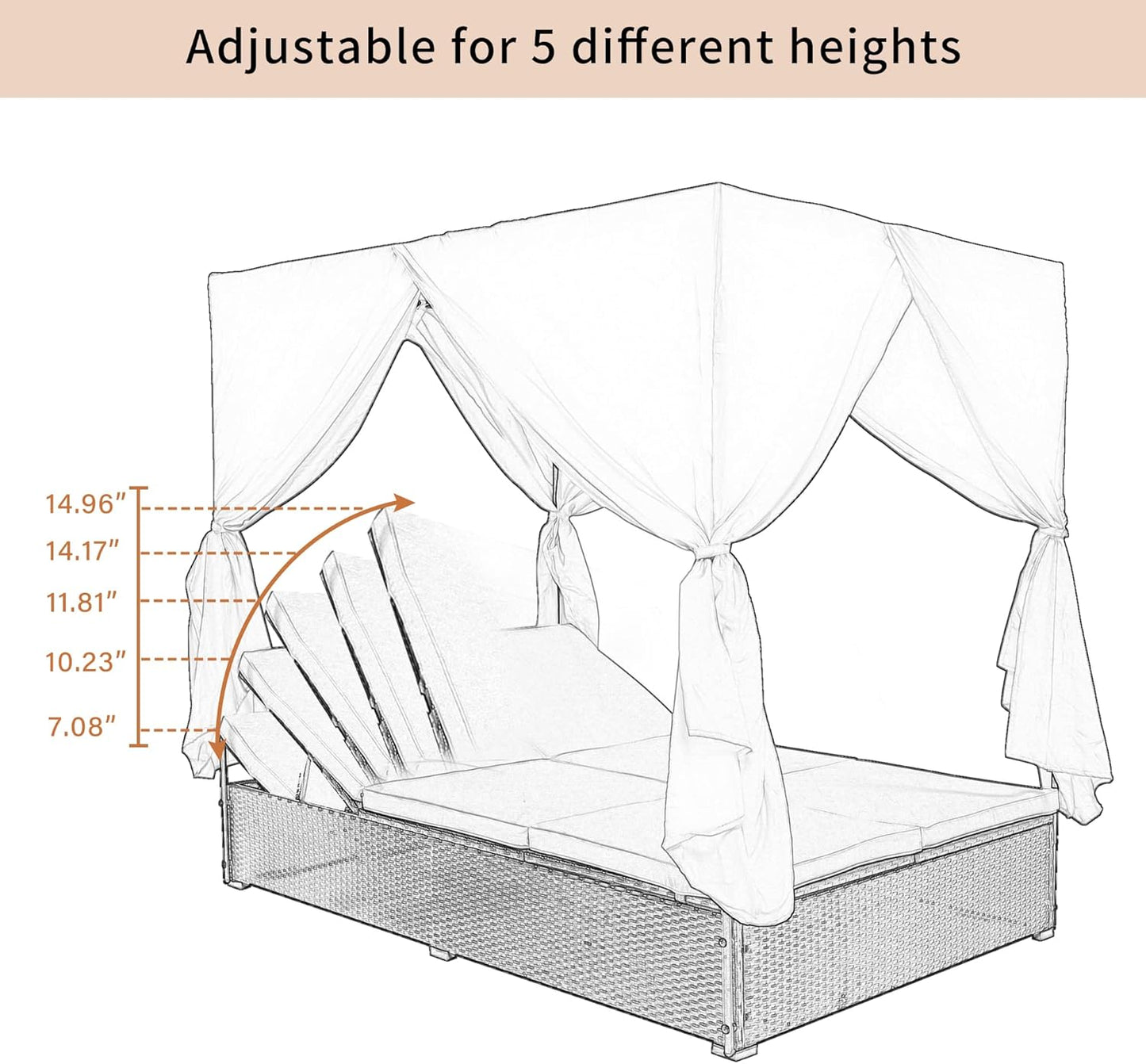 Patio Chaise Lounge, PE Rattan Outdoor Patio Wicker Sunbed Daybed with Adjustable Seats, Four-sided Canopy, Overhead Curtain and Orange Cushions for Backyard, Garden, Poolside (for 2-6 people)
