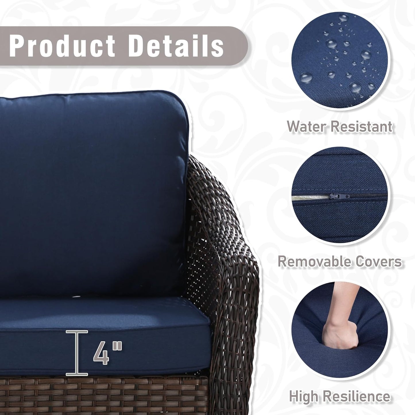 3 Piece Patio Wicker Conversation Set, All-Weather Use Outdoor Wicker Loveseat with 2 PE Rattan 360 Swivel Chair, Ideal for Porch, Backyard, Balcony, Poolside, Blue