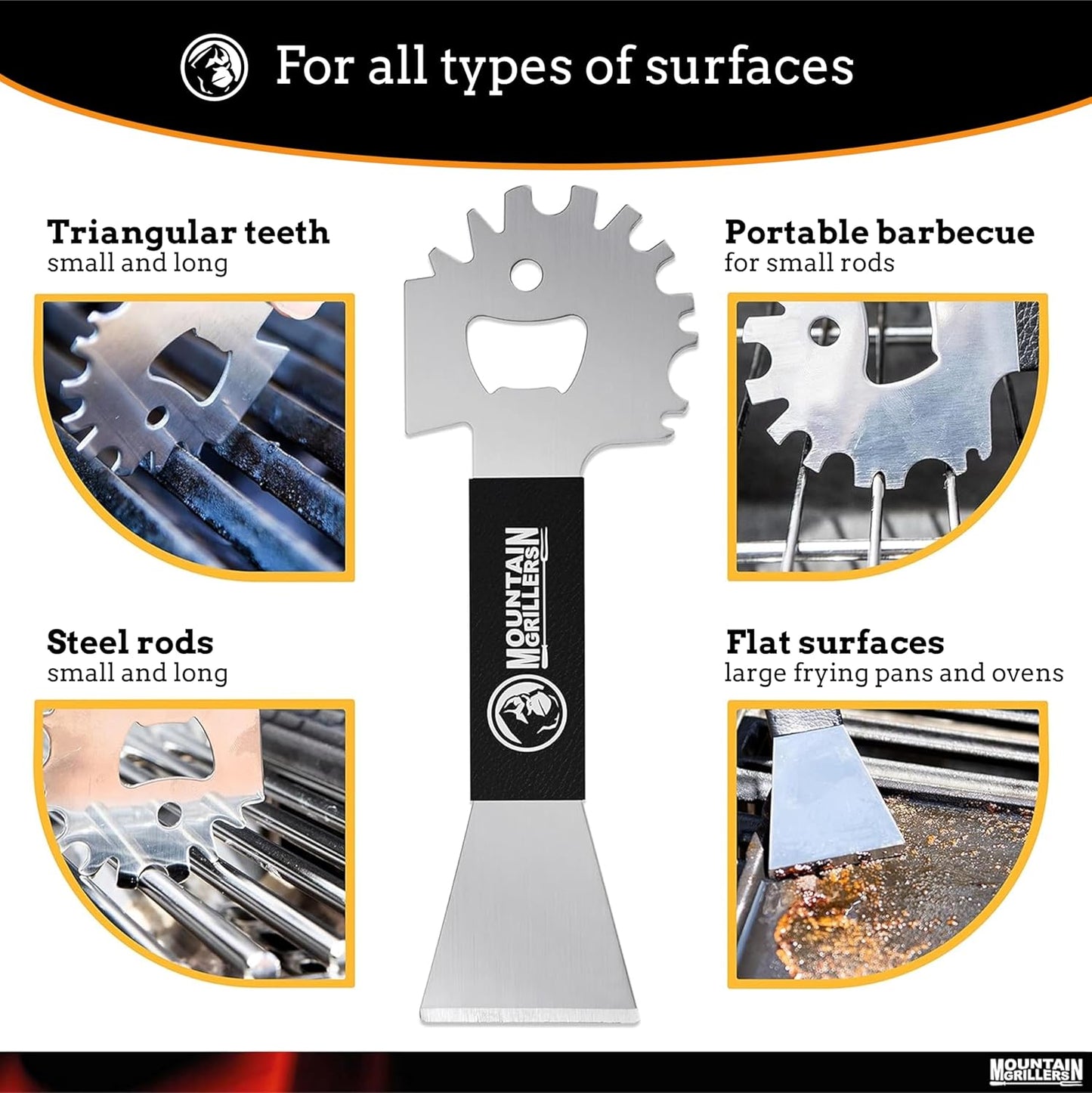 Mountain Grillers BBQ Grill Grate Scraper - Wide Portable Grill Scrubber for Outdoor Grill, Griddle, Smoke or Oven Grates - Non Slip Stainless Steel Grill Cleaning Tools with Built-in Bottle Opener