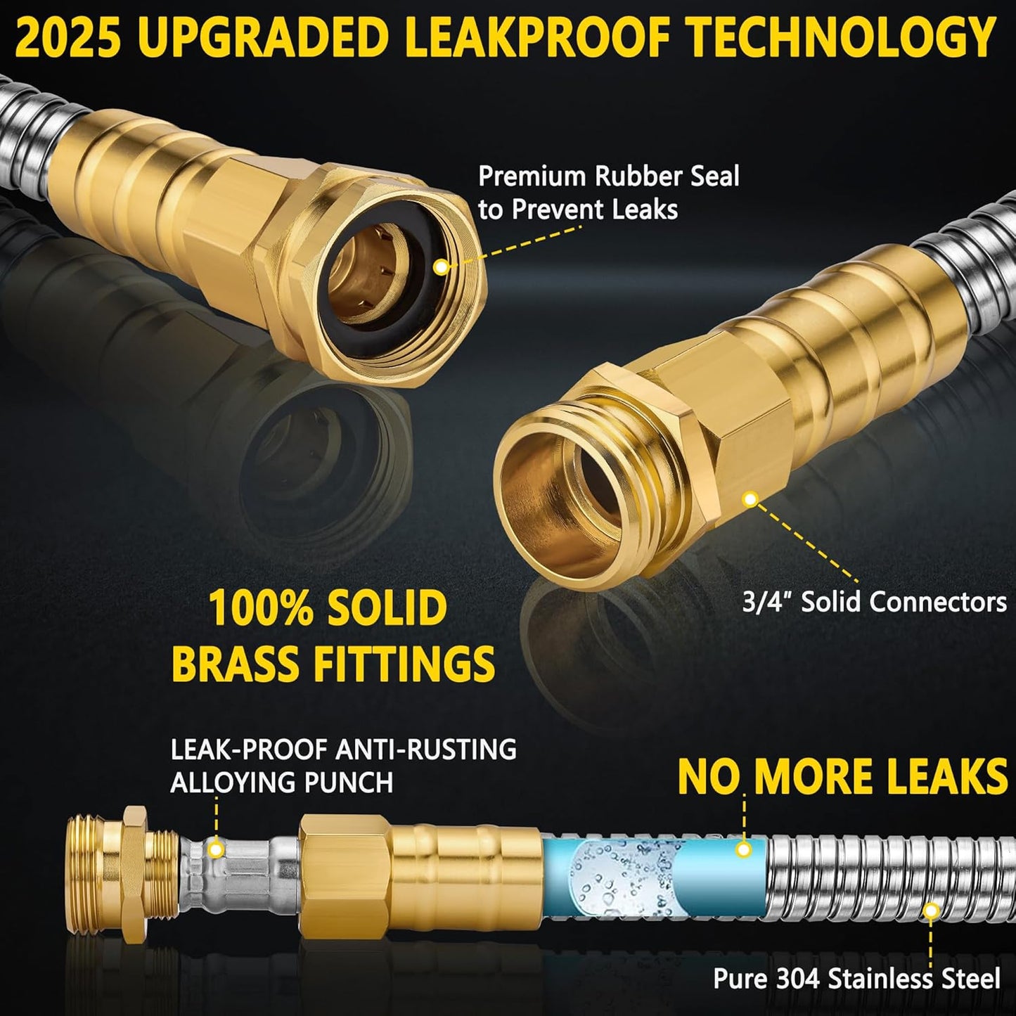 Metal Garden Hose 50 ft - Stainless Steel Garden Hose Leak-Proof with Layer Latex Core - 2025 Version/New Patented,Lightweight, Durable Hoses with Nozzles - Less-Kink Flexible Metal Water Hose