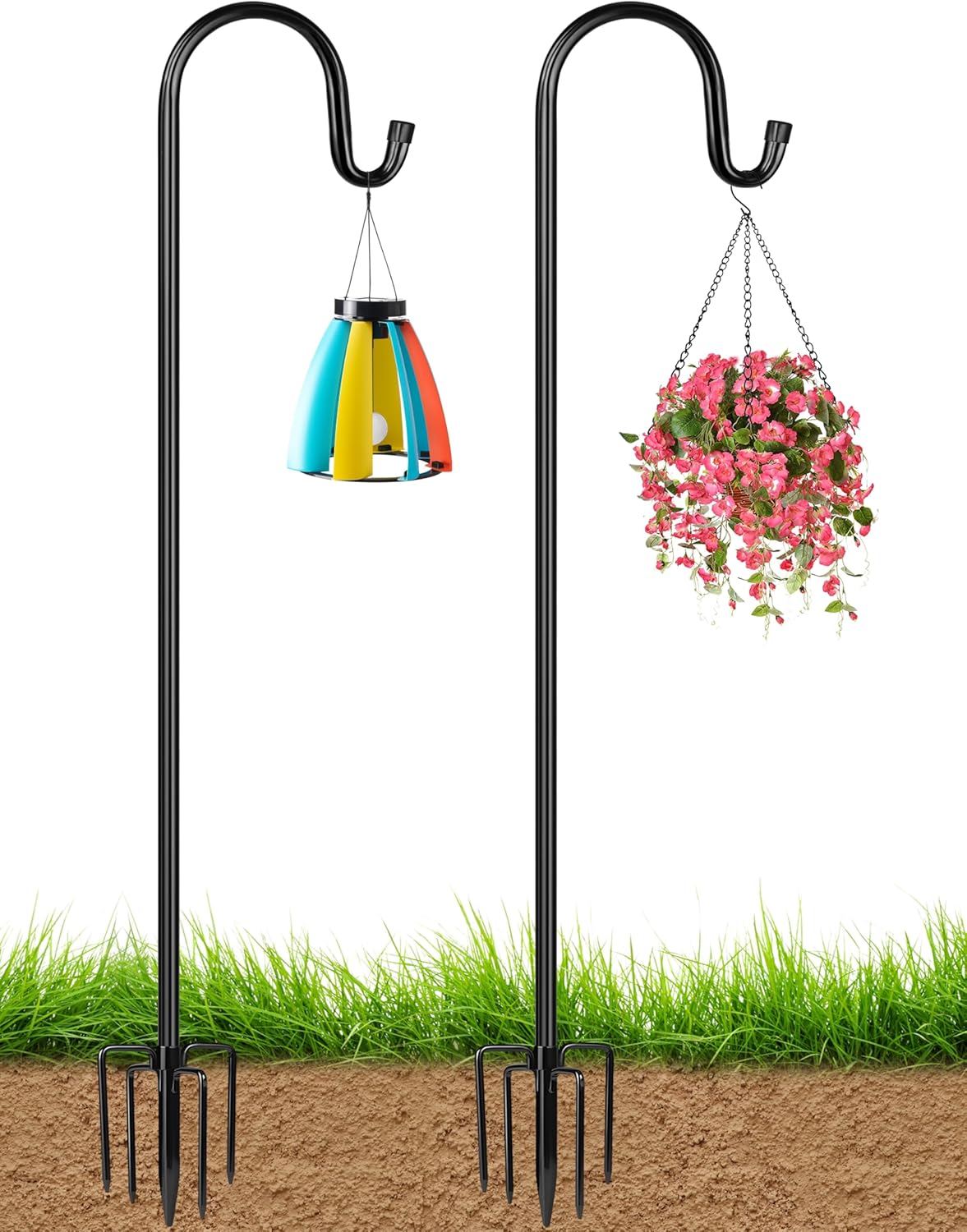 XDW-GIFTS Bird Feeder Pole for Outdoor, 2-Pack 92 Inch Shepherds Hooks Heavy Duty Garden Pole for Hanging Plant Basket, Solar Light Lanterns, Garden Plant Hanger Stands with 5 Base Prongs