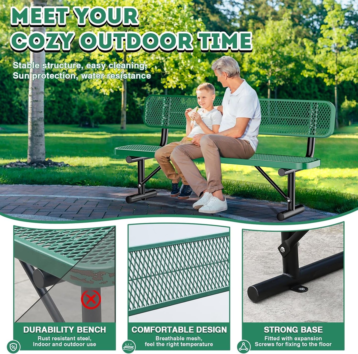 Outdoor Garden Bench, Cast Iron Metal Frame Patio Park Bench with Backrest, Portable Expanded Metal Black Bench, Commercial-Grade Outdoor Seating for Lawn, Patio, Park, Yard, Garden (Green, 6FT/72')