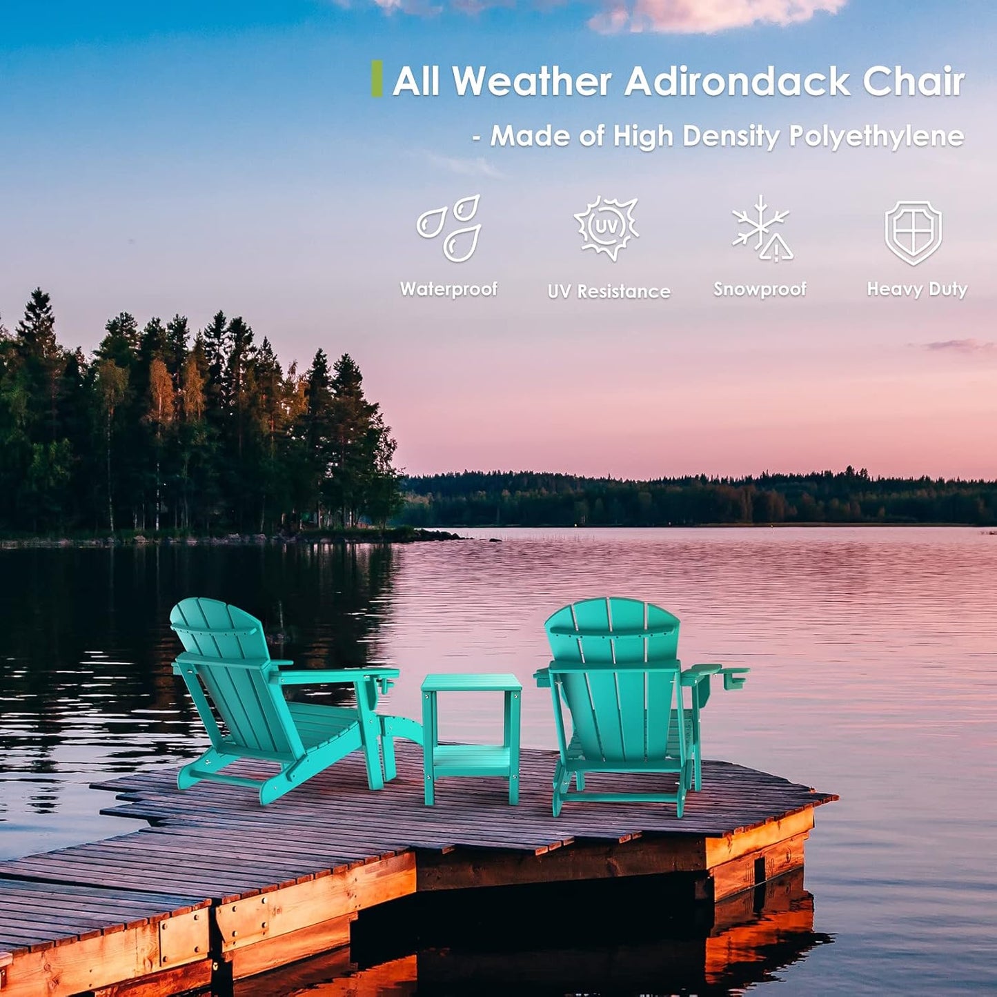 GREENVINES Folding-Adirondack-Chair | HDPE Plastic | Fire Pit Chairs | All Weather | Cup Holder | Aqua | for Deck Backyard Patio Outdoor Garden