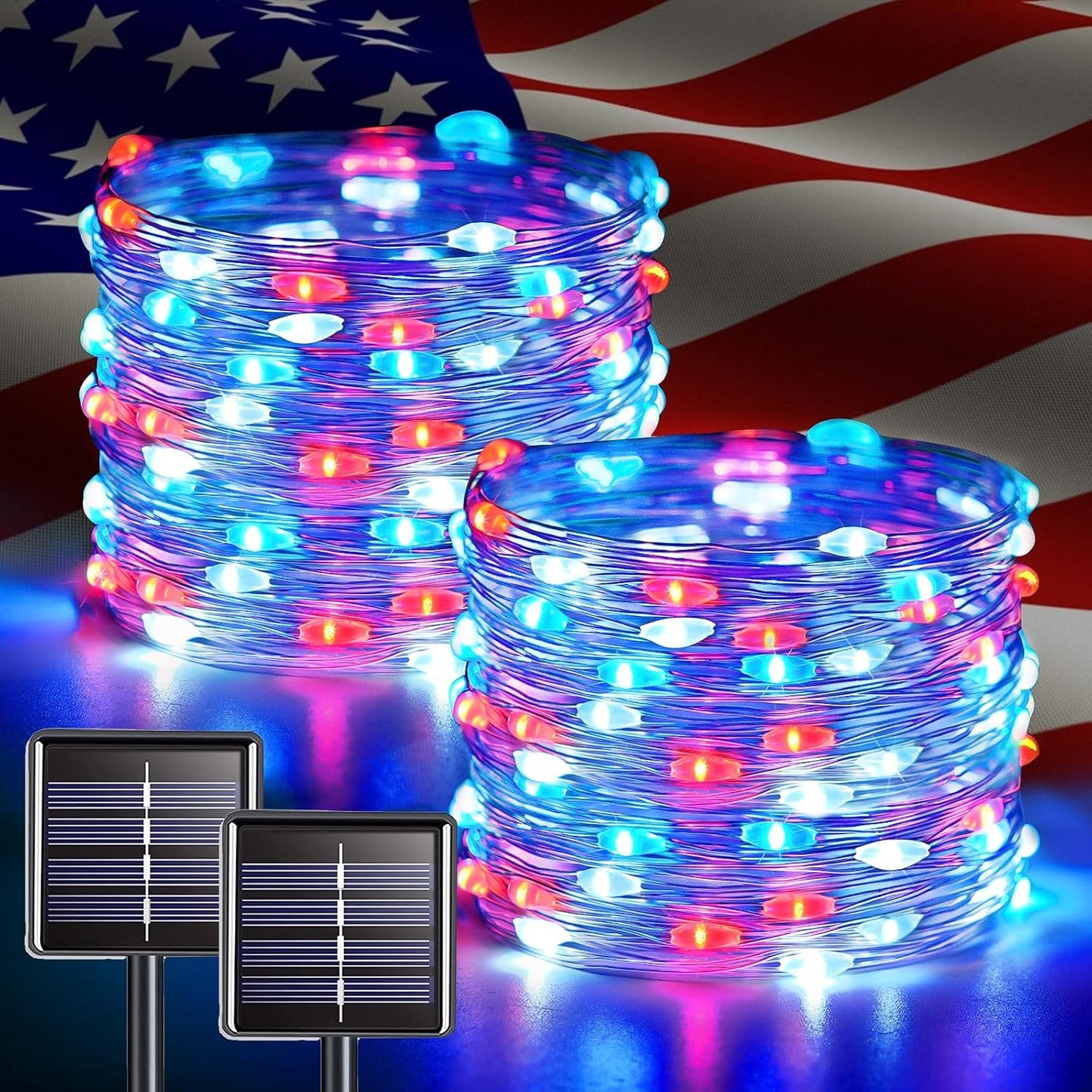 JMEXSUSS 2 Pack Red White and Blue Solar Lights, Each 100 LED 33FT Solar Fairy Lights Outdoor Waterproof, 4th of July Solar String Lights for Independence Day Outside Decorations