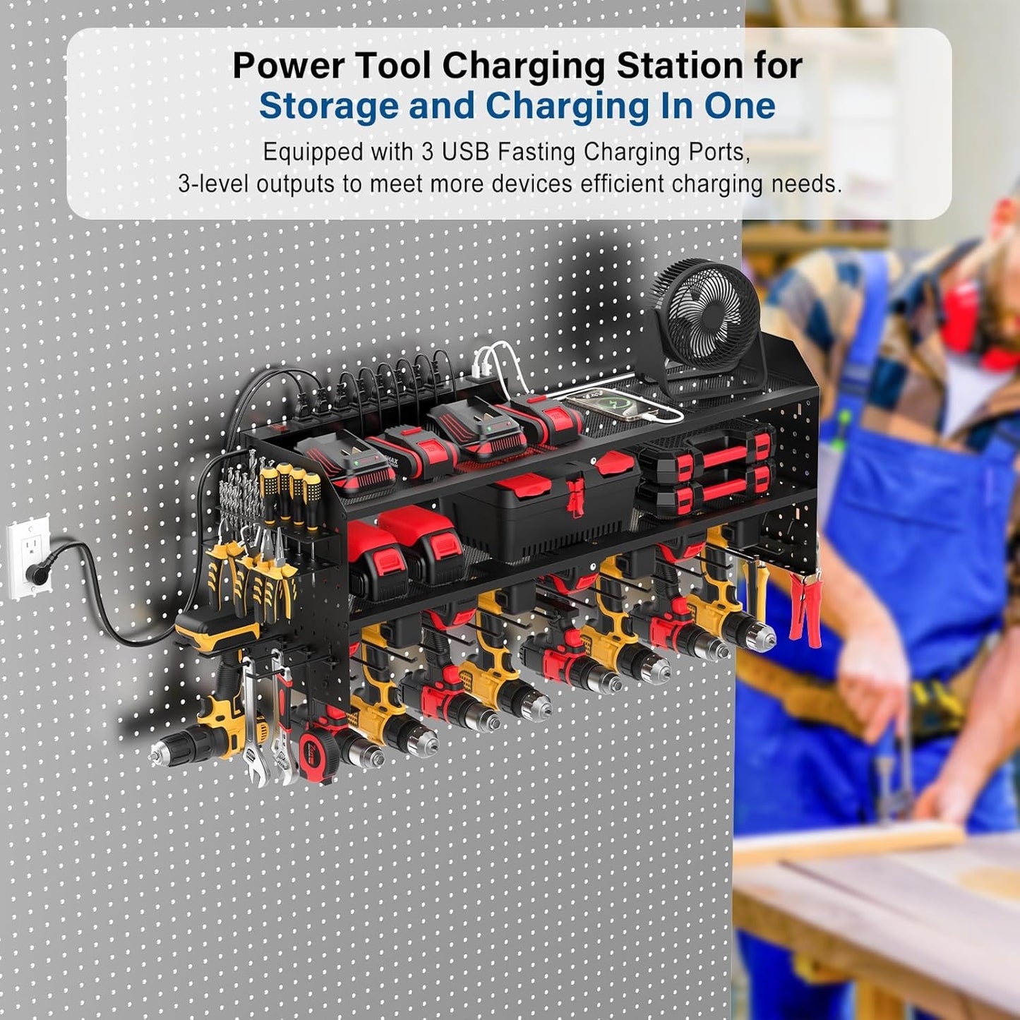 JUNNUJ Large Power Tool Organizer Wall Mount with Charging Station. Garage 8 Drill Holder Tools Battery Storage Shelf, Heavy Duty Utility Storage Rack Built in 8 Outlet 3 USB 6 FT Power Strip