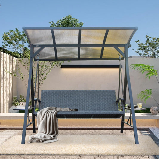 Domi 3-Seat Outdoor Porch Swing w/Adjustable Polycarbonate Hardtop and Side Table, Wicker Patio Swing Chair Bench with Steel Frame and Quick-Drying Foam Seat, Perfect for Backyard Garden and Lawn