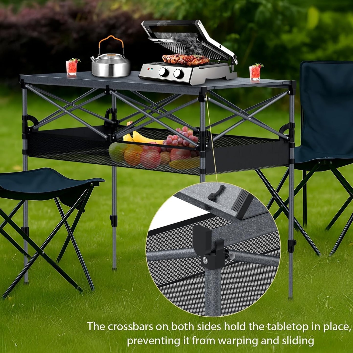 Camping Table Foldable, 2 Adjustable Height 34.2”, Large Roll Up Camping Table Support 264lbs with Storage Basket and Bag, Aluminum Outdoor Table, for Picnic Travel BBQ, 39.4” x 19.7”, Black