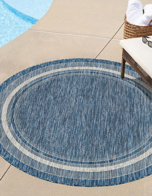 Unique Loom Outdoor Border Collection Area Rug - Soft Border (7' 10" Round, Blue/ Ivory)
