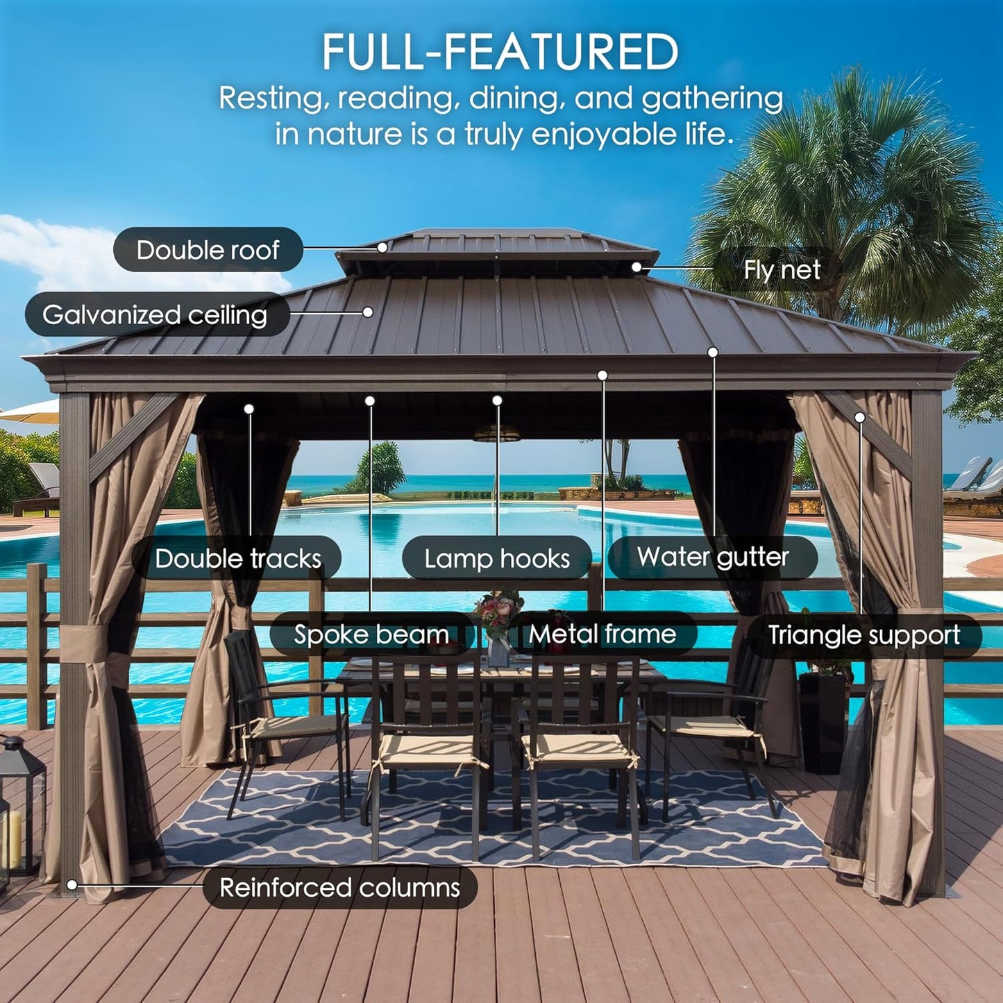 Kozyard Alexander 12' X 18' Hardtop Permanent Aluminum Metal Gazebo with Galvanized Steel Double Roof Canopy, Curtain and Netting, Gazebo Pavilion for Patio, Backyard, Deck, Lawn (Brown)