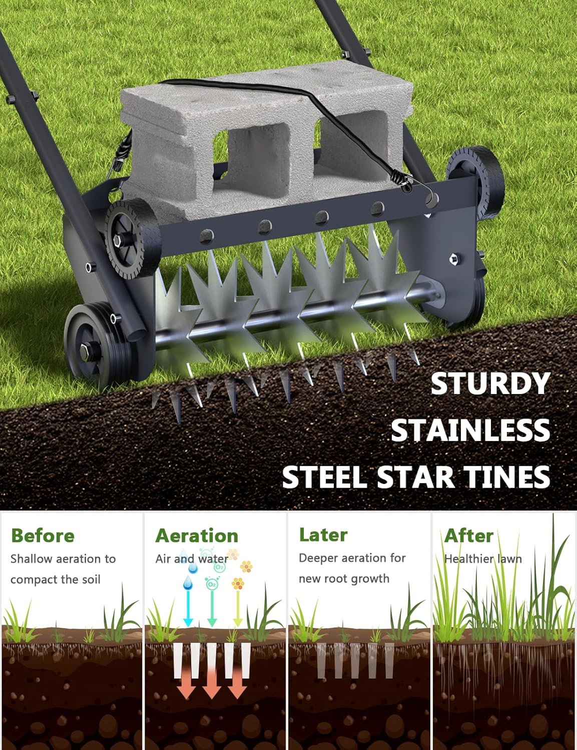 18-Inch Lawn Aerator Spike, Heavy Duty Push Spike Aerator, Rotary Lawn Aerator Tool, Manual Aerator Lawn Tool with Foam Armrests, Push Lawn Aerator with 4 Wheels for Lawn, Yard Aeration