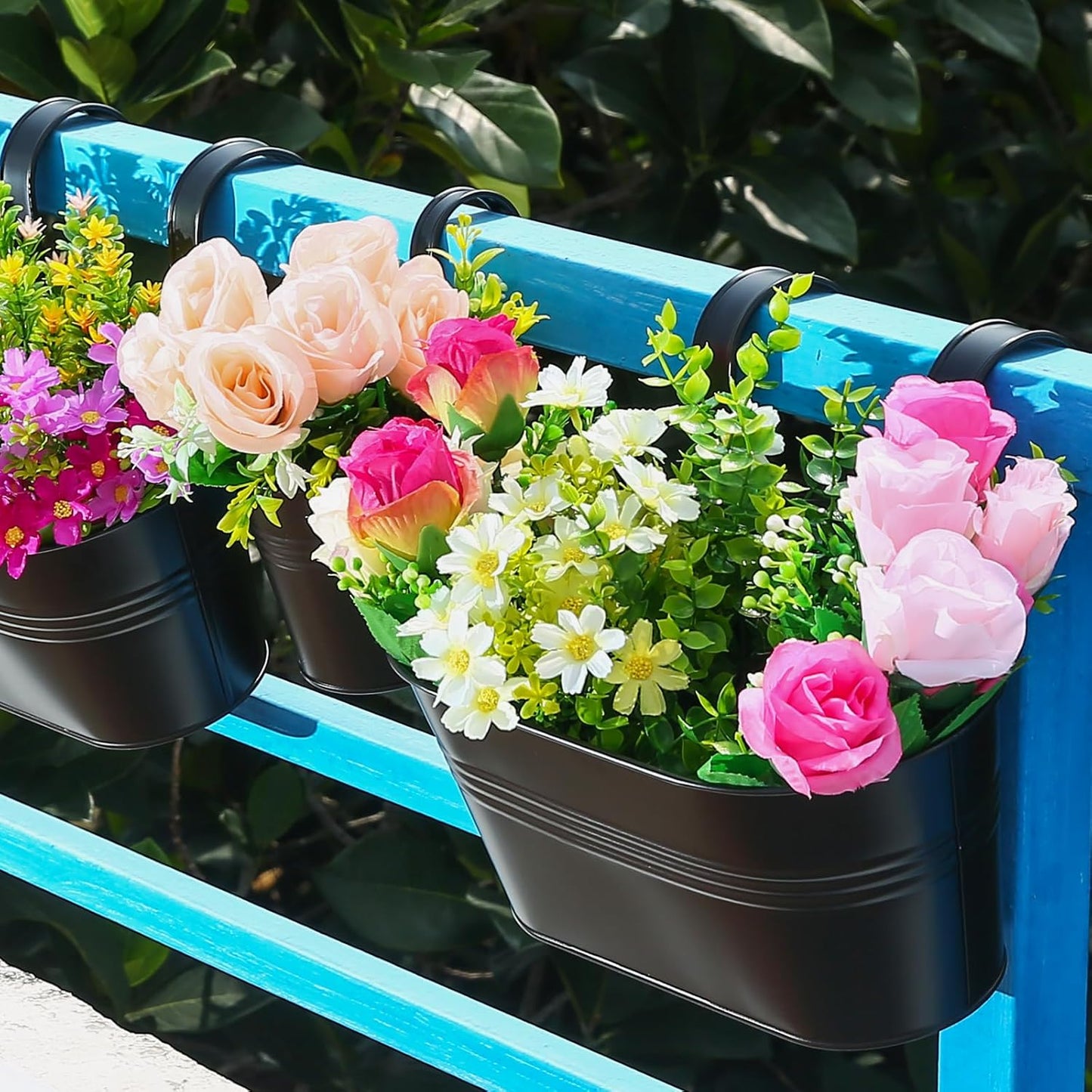 5 Pcs Hanging Planter Railing Planter Box Metal Iron Window Boxes Planters for Outdoor Plants Balcony Planter Fence Planters with Detachable Hooks for Herb Garden Planter Outdoor(Matte Black)