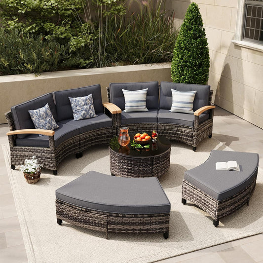 8 Piece Outdoor Patio Furniture Set, Half-Moon Curved Sectional Set with Wood Armrests, 2 Half-Moon Ottomans, Round Table (Grey)