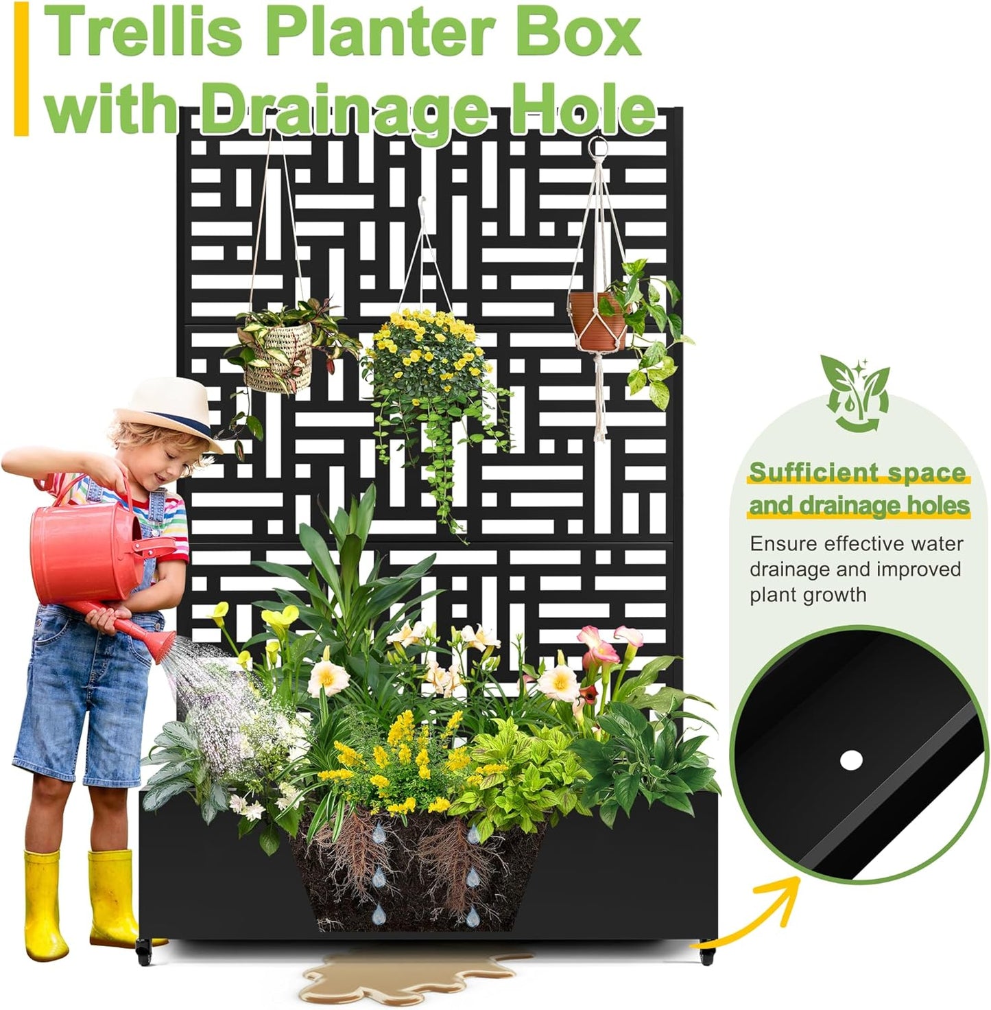 FENCY Metal Raised Garden Bed with Wheels and Trellis,73"x47"x16" Planter Box for Climbing Plants, Vegetables & Vines, Features Privacy Screen and Drainage Holes (Black-Geometric Lattice)