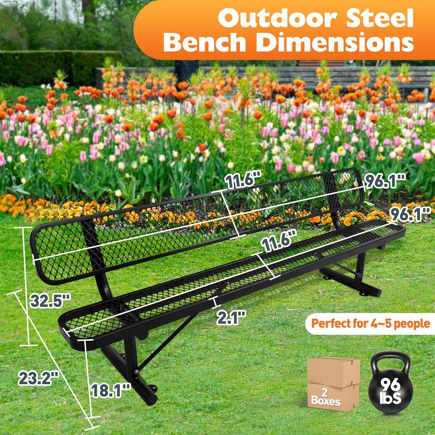 Outdoor Garden Bench, Cast Iron Metal Frame Patio Park Bench with Backrest, Portable Expanded Metal Black Bench, Commercial-Grade Outdoor Seating for Lawn, Patio, Park, Yard, Garden (Black, 8FT/96'')