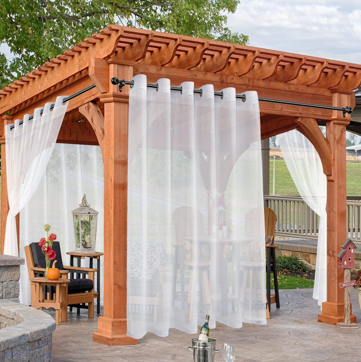 HolidayIdeas White Outdoor Sheer Curtains for Patio Waterproof, 4 Panels - 100 x 120 Inch - Extra Wide Voile Outside Curtains Light Filtering Grommet Drapes for Front Porch, Gazebo, Pergola, Backyard