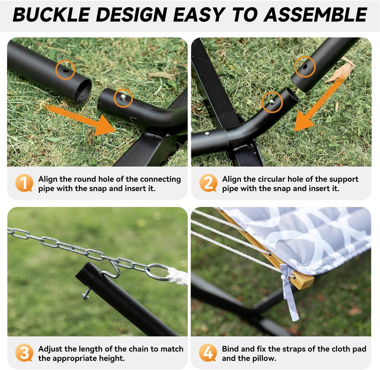 2 Person Outdoor Hammock with Stand, Cotton Rope Hammock with Polyester Pad, Adjustable Steel Frame, Portable with Carrying Bag – for Patio, Backyard, Garden, Beach, Cloud-Gray