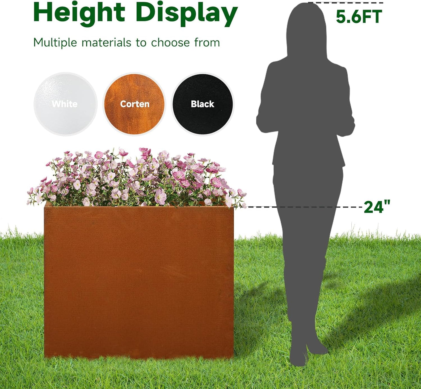 Galvanized Steel Metallic Heavy Planter for Outdoor Plants Metal Outdoor Planter Spliced Flower Box with Partitions for Outside,Indoor,Garden (Corten, 30 * 12 * 24)