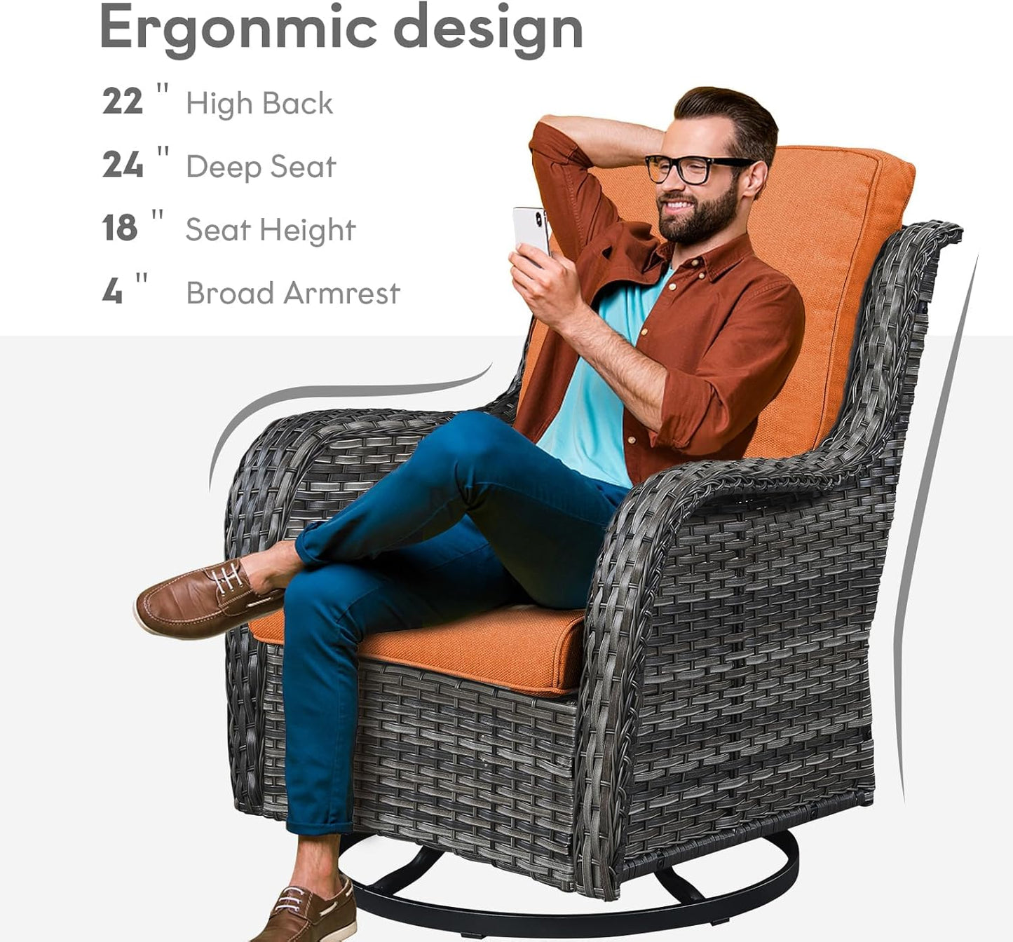 Outdoor Swivel Rcoker Wicker Chairs - Swivel Patio Chairs Set of 2 Patio Furniture Sets with Covered Cushion for Porch Deck Balcony Backyard, Orange Cushion