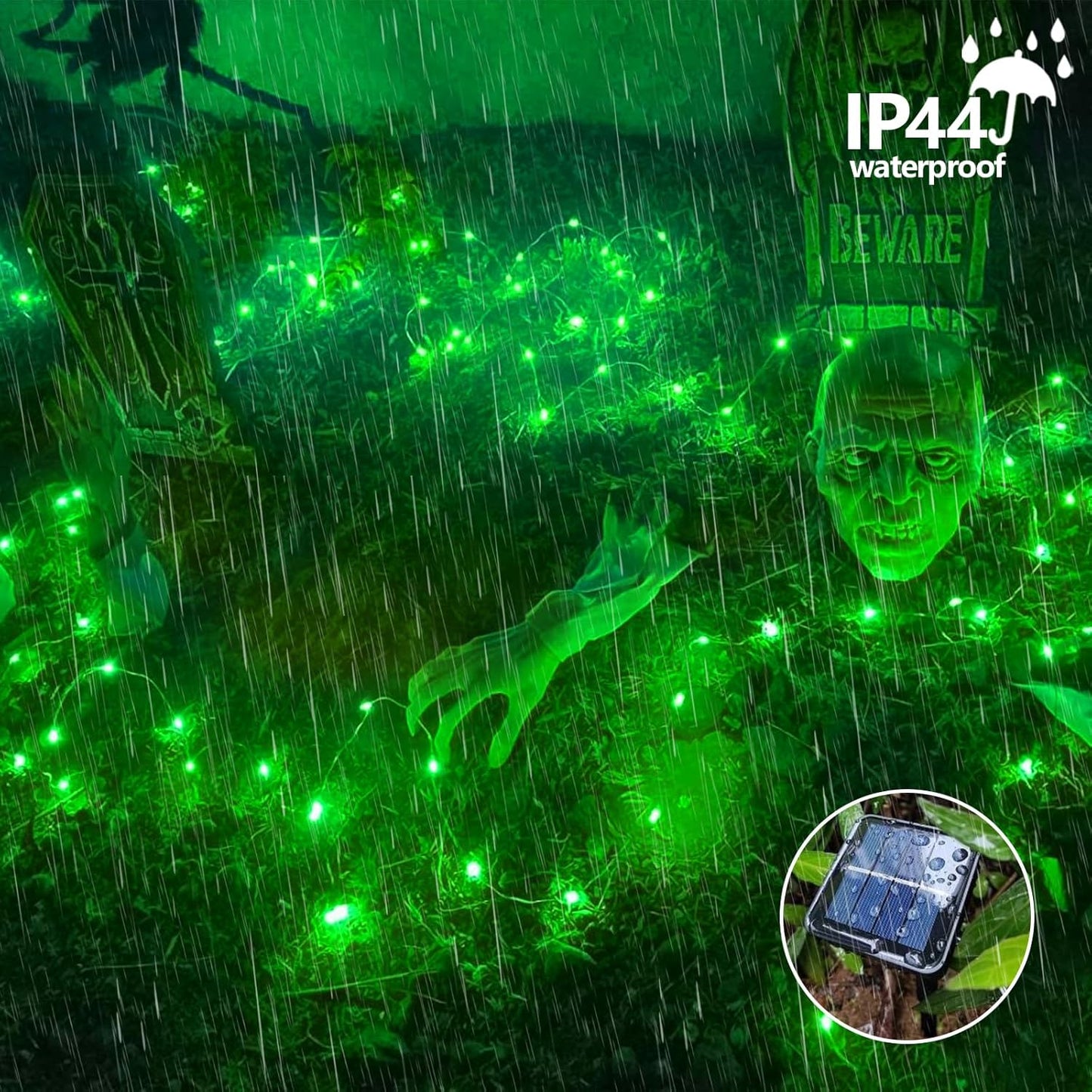 QITONG 2 Pack Green Solar Fairy Lights, Each 66ft 200 LED Solar String Light, 8 Modes Silver Wire Solar Twinkle Mini Lights