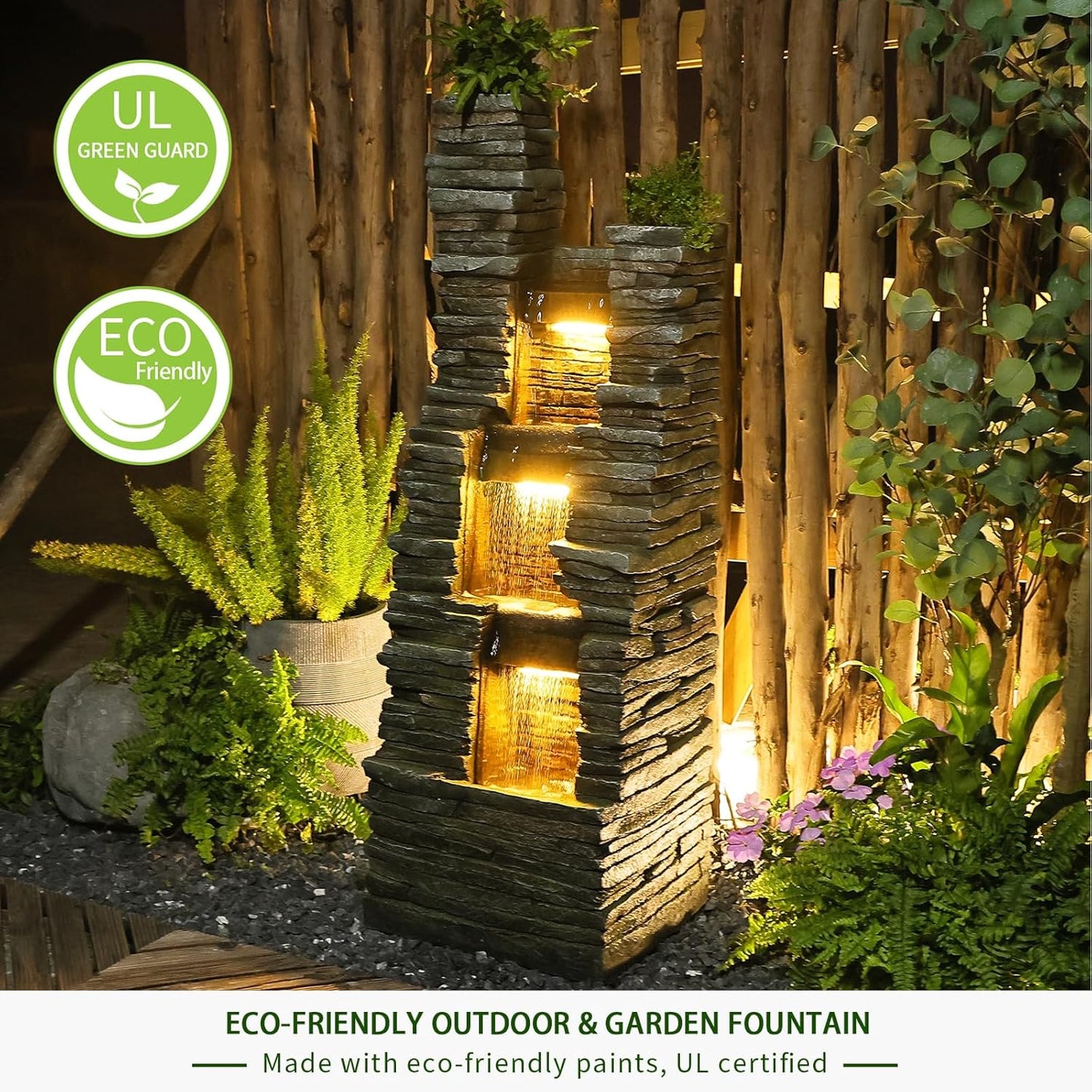 47 in High Water Fountain Outdoor Garden 3 Tier Cascading Large Outdoor Fountains and Waterfalls with LED Lights for Garden, Patio, Backyard, Deck, Porch and Home Art Decor, Natural Stones