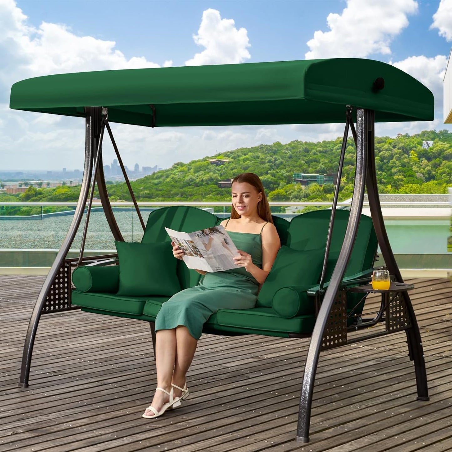 3 in 1 Outdoor Porch Swing with Adjustable Canopy, 3 Seat Outdoor Swing for Adults, Patio Swing Chair with Thickened Cushions,Pillows & Cup Holders for Backyard, Porch, Garden (Green)