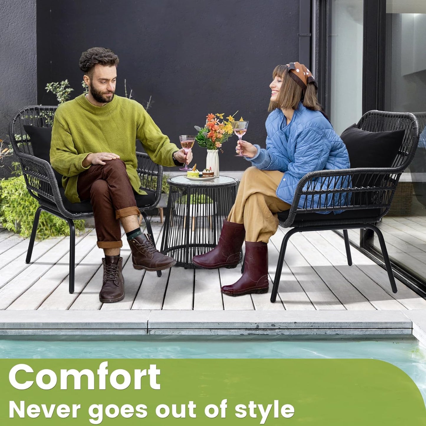 3 Pieces Rattan Wicker Bistro Set, Outdoor Conversation Set, Wicker Furniture Set with Glass Top Table, Space Saving for Balcony, Backyard, Black